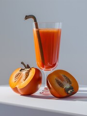 A glass of fresh persimmon juice with two halved persimmons.