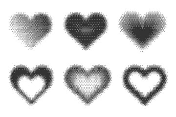 Poster - Bitmap pixel arcade game effect. Hearts y2k halftone pattern shape. Vector dither aesthetic gradient glow icons. 2000s design grainy illustration on white background.