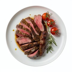 Juicy grilled steak sliced and served on a white plate with fresh tomatoes and herbs.