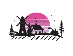 silhouette sketch of farm with tractor and mill vector rural landscape.  farm on pink sunset vector