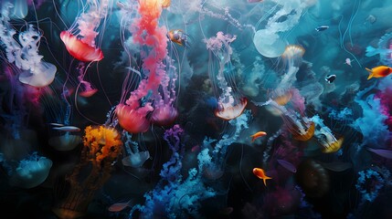 Vibrant Jellyfish and Fish in an Underwater World