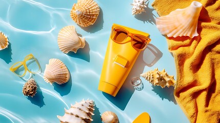 Summer Beach Essentials  Sun Protection  Sunglasses  and Seashells on Blue Water