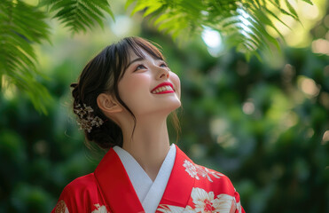 Poster - A beautiful Japanese woman in her thirties wearing red and white kimonos, smiling slightly with the background blurred