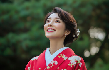 Poster - A beautiful Japanese woman in her thirties wearing red and white kimonos, smiling slightly with the background blurred