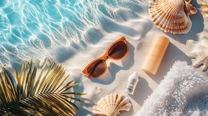 Canvas Print - Summer Beach Essentials   Sunglasses  Sunscreen  Seashells  and Palm Leaf