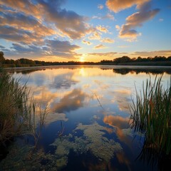 Wall Mural - Sunset reflected in a calm lake with green reeds.