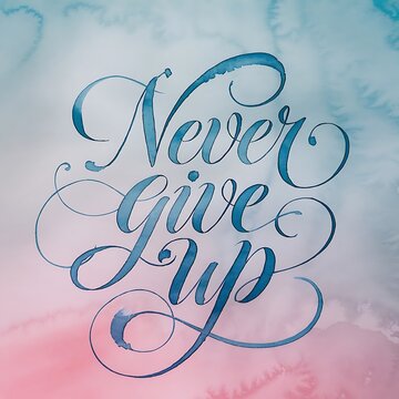 Never Give Up up motivational or inspirational quote or phrase in calligraphic text for poster banner greetings card on water color background