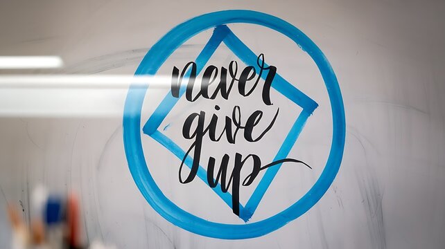 Never Give Up up motivational or inspirational quote or phrase in calligraphic text for poster banner greetings card in neon effect