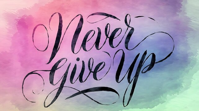 Never Give Up up motivational or inspirational quote or phrase in calligraphic text for poster banner greetings card on water color background