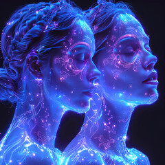 The astrological sign of the Gemini horoscope. The concept of the constellation of the Gemini sign in the form of two beautiful women. Two women surrounded by a galaxy of stars