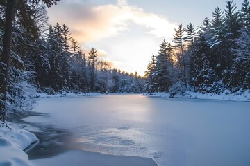 Wall Mural - Frozen lake surrounded by snow-covered trees, with the setting sun casting warm hues on the ice