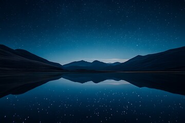 Starry night sky over a calm lake, reflection, mountains in the distance, minimalist, serene