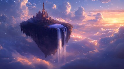 Enchanting Floating Island with Twilight Castle and Waterfall into Clouds - Fantasy Dreamland Landscape