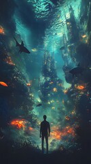 Wall Mural - 79. An artist standing in an underwater world, exploring the depths of their imagination