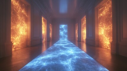 Wall Mural - A long hallway with glowing walls and a blue energy floor.