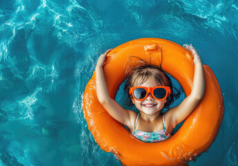 Poster - A little girl wearing sunglasses and an orange life preserver is floating in the pool, smiling at the camera