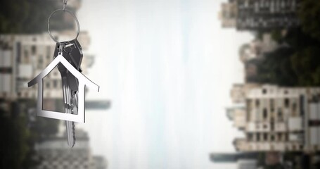 Poster - Animation of silver house key and jey fob over cityscape