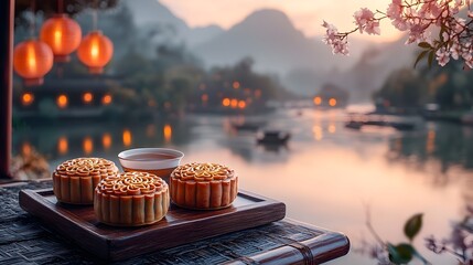 Close up of a Traditional Tea and Mooncakes Setting with Soft Lantern Glow