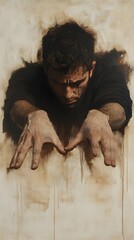 Wall Mural - 60. An artist with hands pointing downwards, disappointed and frustrated