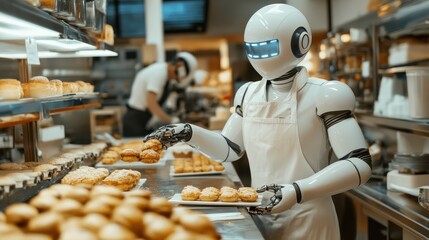 Poster - futuristic robot chef baking pastries in a modern kitchen with advanced technology