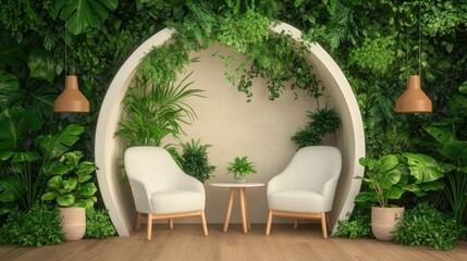 Modern interior with two armchairs, wooden table, and lush green plants in cozy corner.