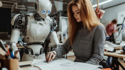 Poster - young woman collaborating with humanoid robot on design project in modern workspace
