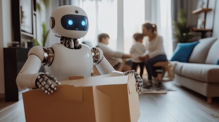 Poster - futuristic robot assisting family with household chores in modern living room