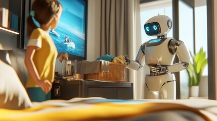 Poster - futuristic home scene with friendly robot assisting child in modern bedroom