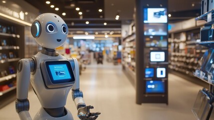 Poster - friendly robot assistant in modern electronics store with bright lighting and shelves of gadgets