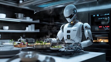 Poster - advanced robot chef cooking gourmet meal in modern high-tech kitchen with stainless steel appliances