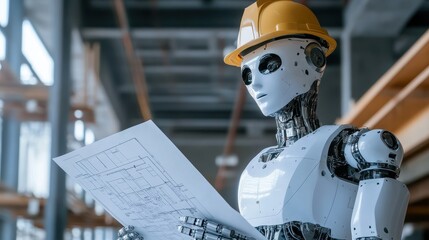 Poster - Advanced Robot Engineer Analyzing Blueprints in Modern Industrial Construction Site