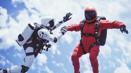 Poster - futuristic robots skydiving in clear blue sky with clouds - high-tech adventure and innovation conce