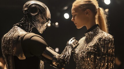 Poster - futuristic interaction between human and robot in high-tech environment with metallic details
