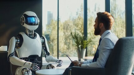 Poster - businessman in a modern office having a meeting with a humanoid robot, discussing future technology 