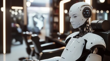 Poster - futuristic robot in modern office setting with advanced technology and sleek design