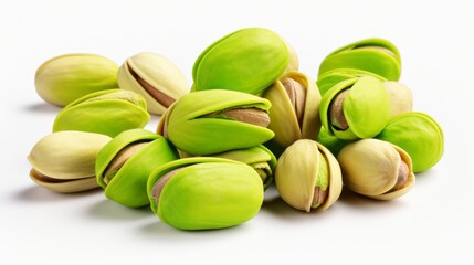 Freshly harvested pistachios on a white background showcasing their vibrant green shells