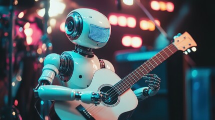 Poster - futuristic robot playing acoustic guitar on stage with colorful lights in the background