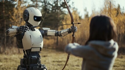 Poster - futuristic robot practicing archery with human in outdoor setting, showcasing advanced technology an