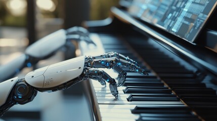 Poster - futuristic robot hands playing piano with digital interface in modern setting