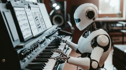 Poster - futuristic robot playing piano in modern home studio with sheet music and high-tech equipment