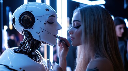 Poster - futuristic interaction between human and robot in a modern high-tech environment