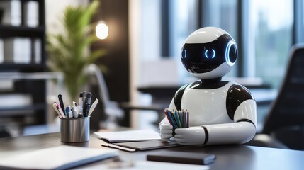 Poster - futuristic robot assistant in modern office setting holding colored pencils