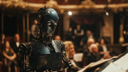 Poster - futuristic robot performing on stage in front of an audience in a grand theater setting