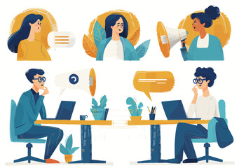 Poster - Vector Illustration of Business and Communication: Remote Work, Advertising, and Discussions in Modern Office Setting