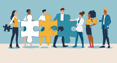 Poster - Diverse Team Holding Puzzle Pieces Solving Problem Concept Collaboration and Teamwork Vector Illustration