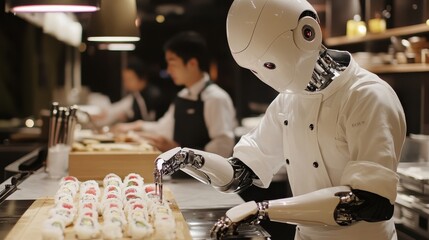 Poster - futuristic robot chef preparing sushi in a modern restaurant kitchen with human chef in background