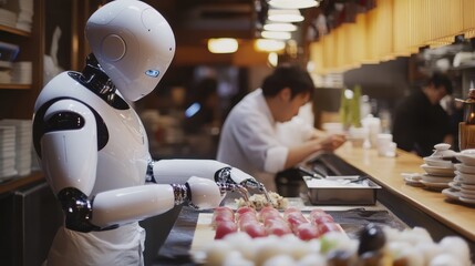 Poster - futuristic robot chef preparing sushi in a modern restaurant kitchen
