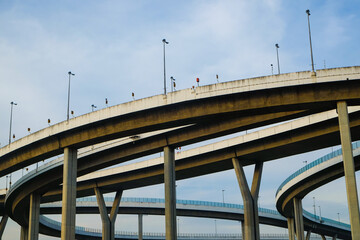 Modern Bhumibol bridge curve road with blue sky in Bangkok