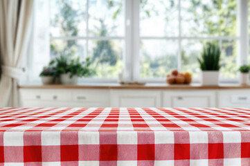 Aufkleber - Red checkered tablecloth covering a table surface with a kitchen in the background, ideal for displaying objects and products. High quality photo