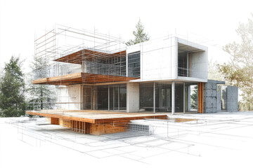 Wall Mural - 3D architectural drawing of a modern house with white walls and wooden accents